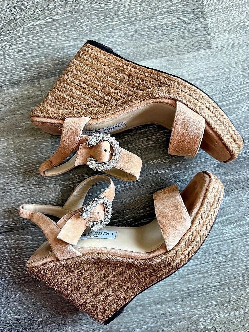 Jimmy Choo Mirabelle Crystal-Buckle Suede Espadrille Wedge Sandals Brown